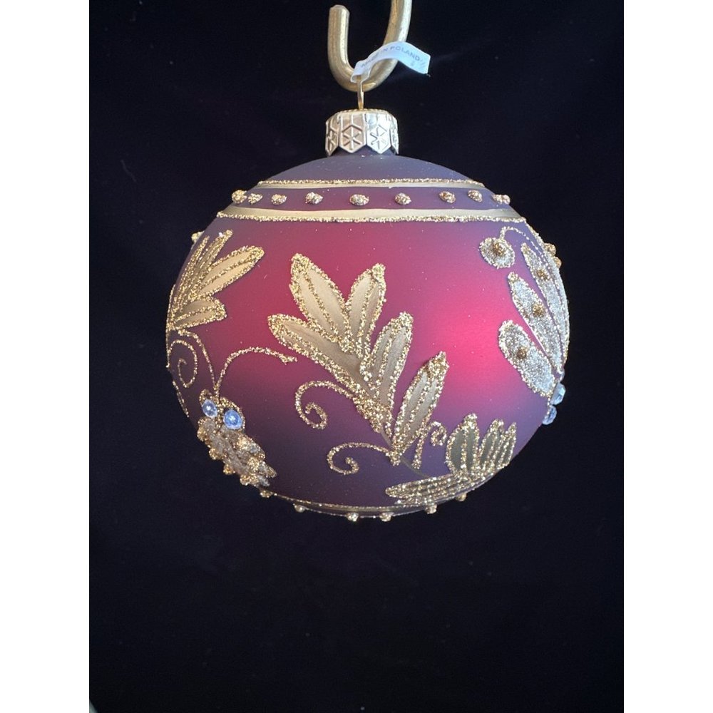 Hand Painted Red Glass Ornament Decorated in Gold  Made in Poland